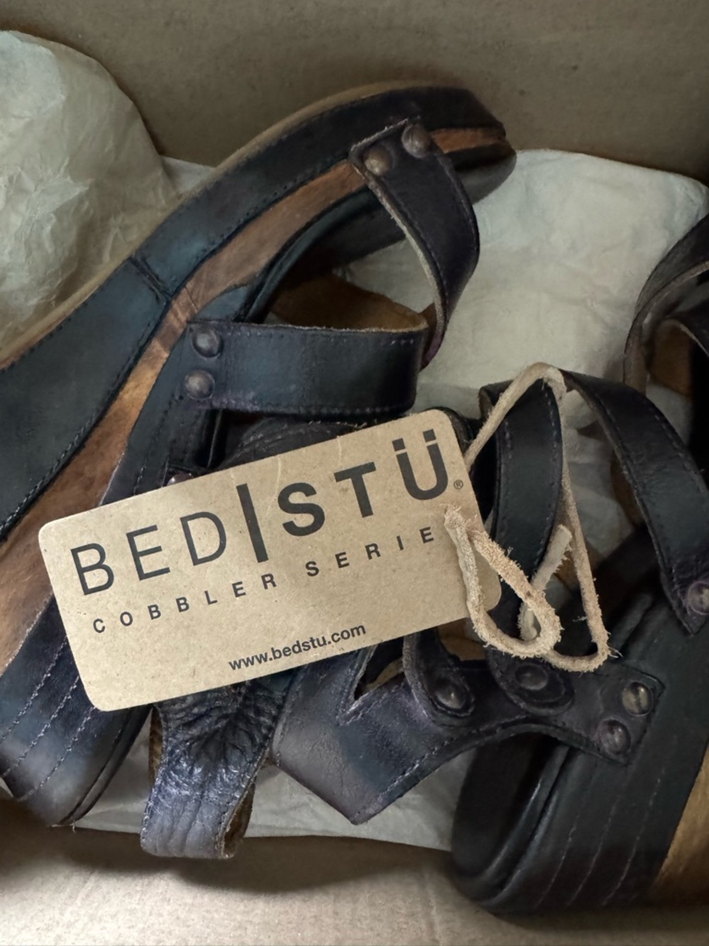 Bed Stu Black and Brown Platform Sandals with Rivet Straps
